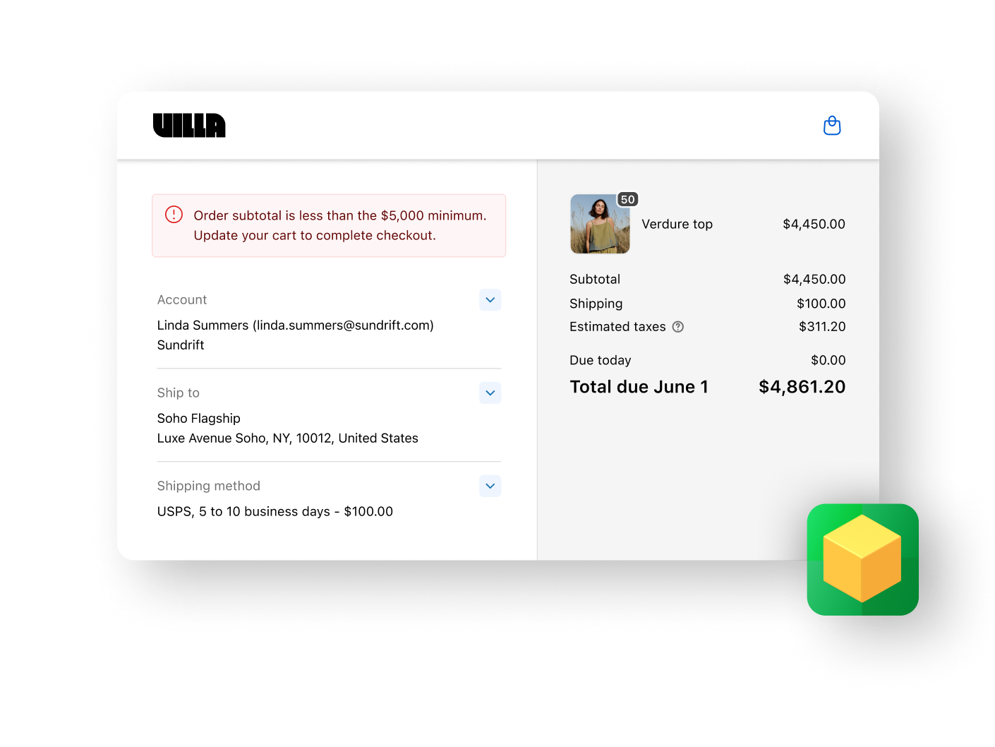 A checkout screen with an alert that the checkout can not be completed until it meets the order minimum of $5000